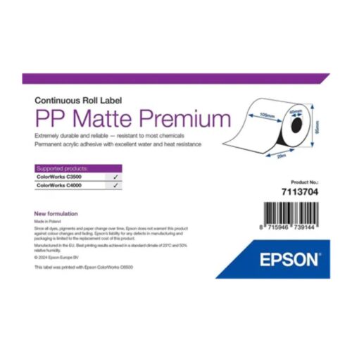 Etichete sintetice PP Matte Label Premium 105 mm x 29 m, rolă continuă, miez 40 mm Epson 7113704