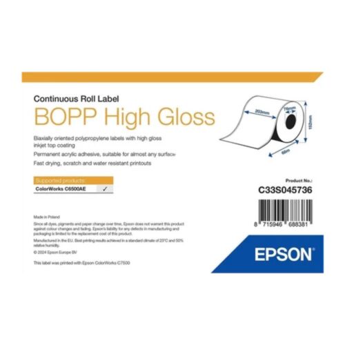 Etichete sintetice BOPP High Gloss 203 mm x 68 m, rolă continuă, miez 76 mm Epson C33S045736