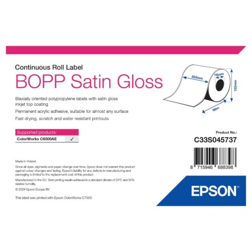 Etichete sintetice BOPP Satin Gloss 203 mm x 68 m, rolă continuă, miez 76 mm Epson C33S045737